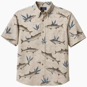 Chaps Ralph Lauren Shirt Mens Large Fish Print Short Sleeve Button Tech Fabric